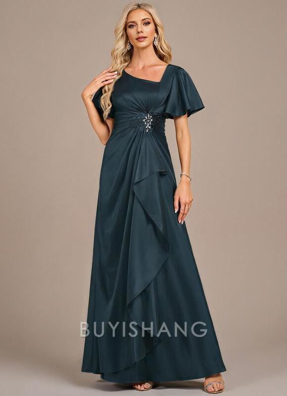 Buyishang Elegant A-line Asymmetrical Floor-Length Matte Satin Mother of the Bride Dress With Beading Sequins Pleated